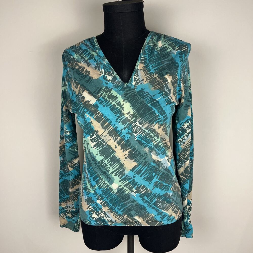Vintage Neiman Marcus Women's Top Medium Silk Blend V-Neck Teal Watercolor